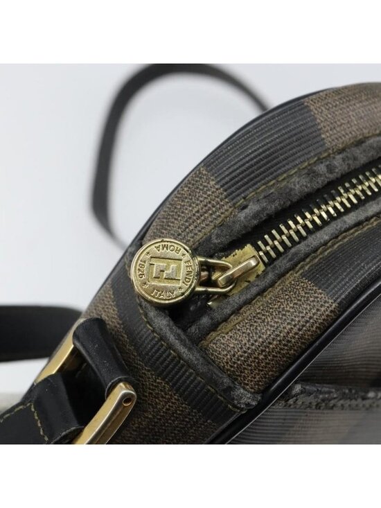 Authentic FENDI Pecan Canvas Shoulder Bag PVC Black Brown gold - Picture 2 of 16
